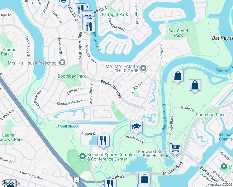map of restaurants, bars, coffee shops, grocery stores, and more near 465 Thatcher Lane in Foster City