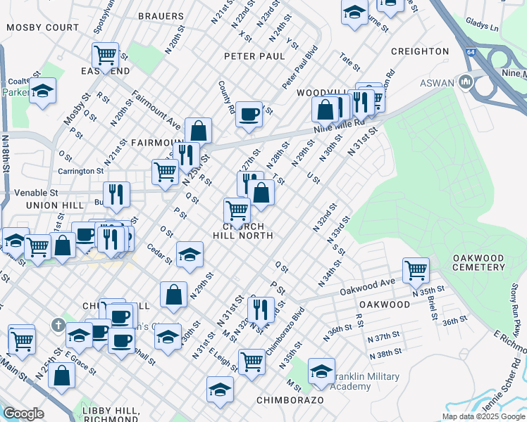 map of restaurants, bars, coffee shops, grocery stores, and more near 1215 North 29th Street in Richmond