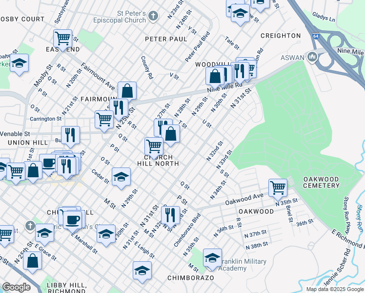 map of restaurants, bars, coffee shops, grocery stores, and more near 1220 North 30th Street in Richmond