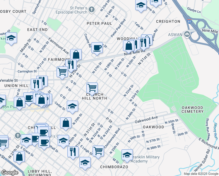 map of restaurants, bars, coffee shops, grocery stores, and more near 1220 North 30th Street in Richmond