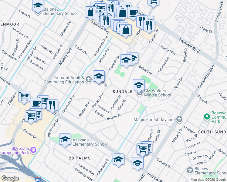 map of restaurants, bars, coffee shops, grocery stores, and more near 39548 Wilford Court in Fremont