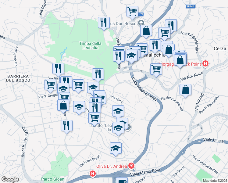 map of restaurants, bars, coffee shops, grocery stores, and more near 72 Via Ferro Fabiani in Catania