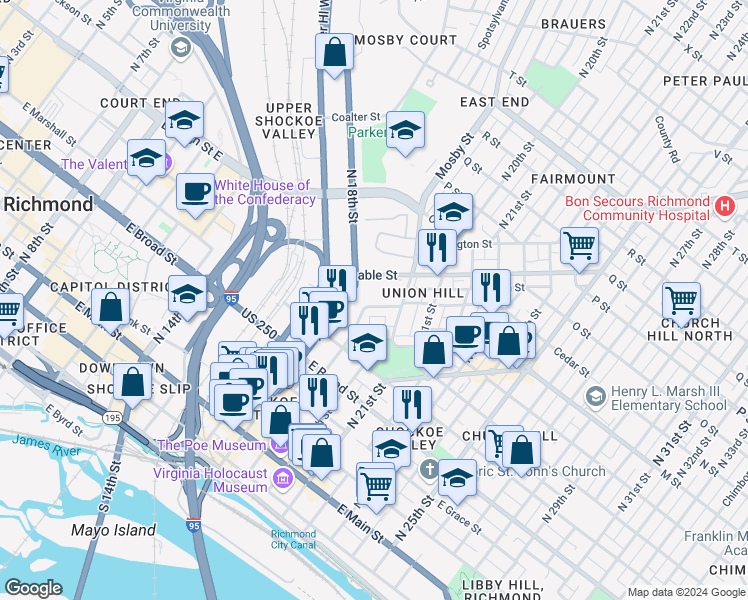 map of restaurants, bars, coffee shops, grocery stores, and more near 1900 Cedar Street in Richmond