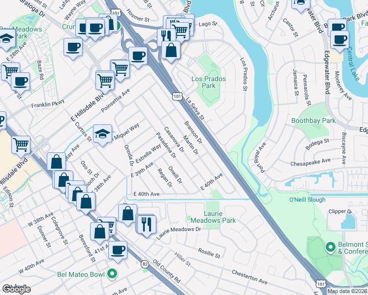 map of restaurants, bars, coffee shops, grocery stores, and more near 3905 Casanova Drive in San Mateo