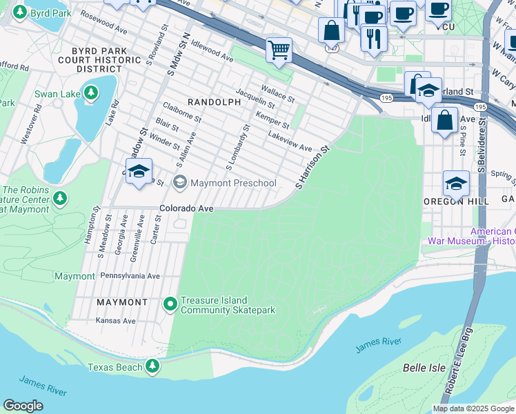 map of restaurants, bars, coffee shops, grocery stores, and more near 1130 South Randolph Street in Richmond