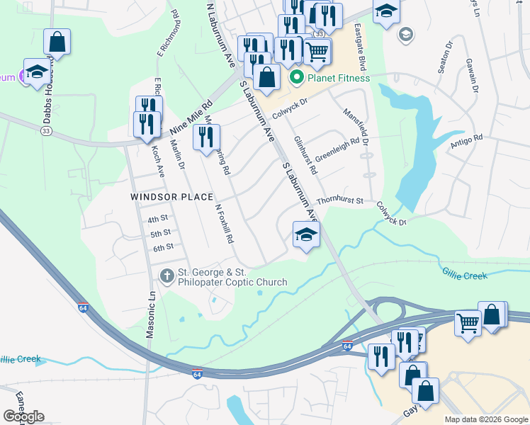 map of restaurants, bars, coffee shops, grocery stores, and more near 4703 Greenleigh Road in Richmond