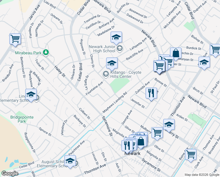 map of restaurants, bars, coffee shops, grocery stores, and more near 36347 Cherry Street in Newark