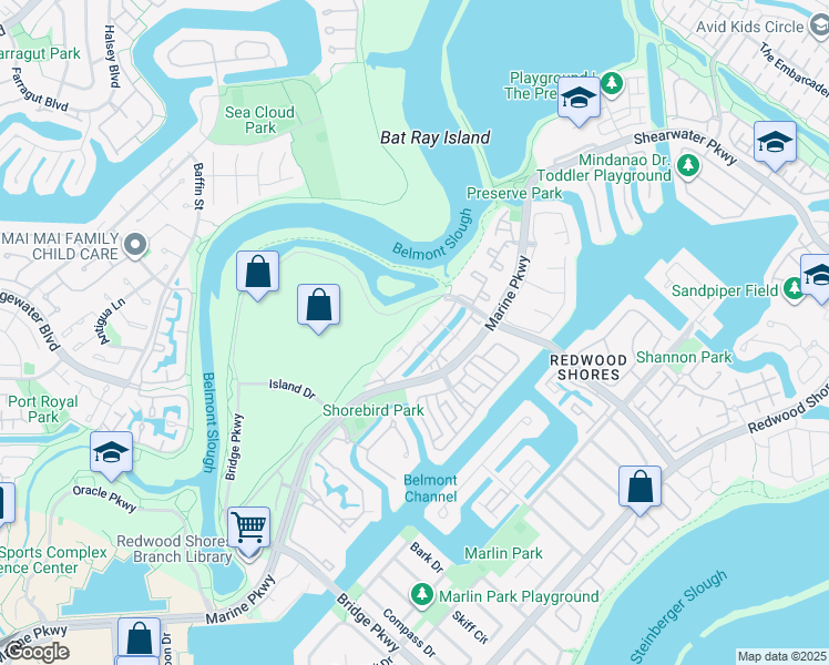 map of restaurants, bars, coffee shops, grocery stores, and more near 814 Port Walk Place in Redwood City