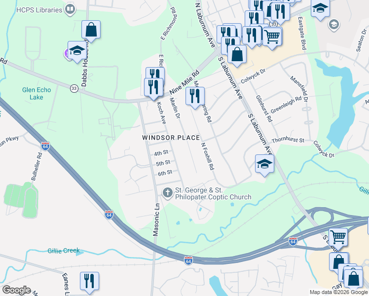 map of restaurants, bars, coffee shops, grocery stores, and more near 306 Marlin Drive in Richmond