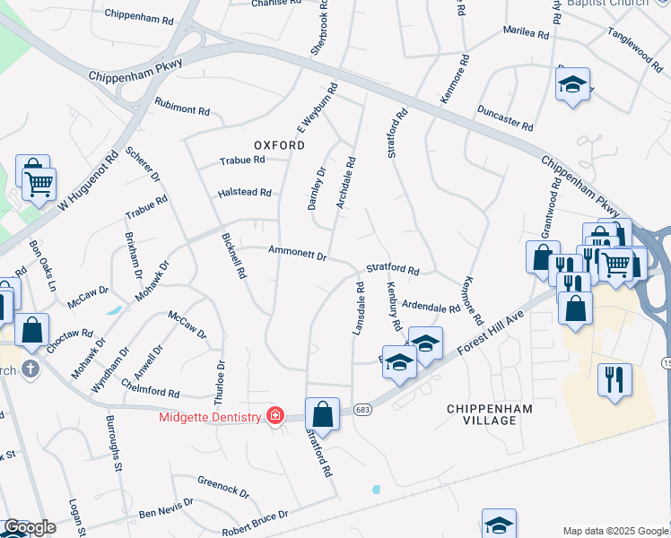 map of restaurants, bars, coffee shops, grocery stores, and more near 8033 Ammonett Drive in Richmond