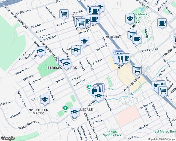map of restaurants, bars, coffee shops, grocery stores, and more near 208 30th Avenue in San Mateo