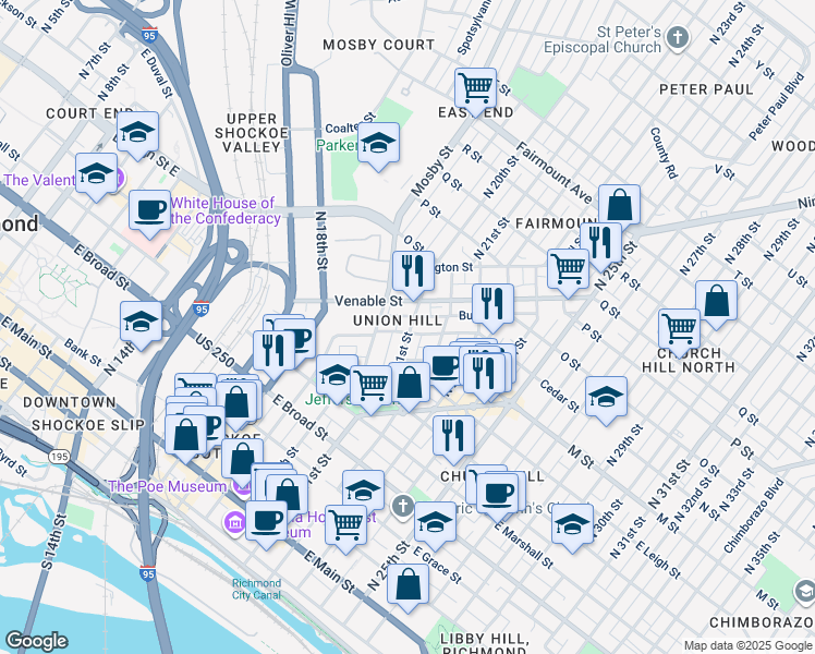 map of restaurants, bars, coffee shops, grocery stores, and more near 702 North 21st Street in Richmond