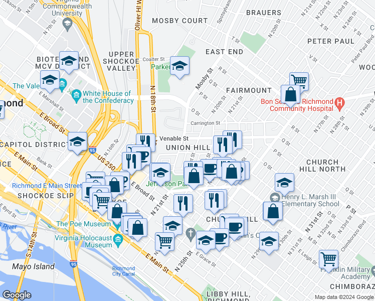 map of restaurants, bars, coffee shops, grocery stores, and more near 2012 Cedar Street in Richmond