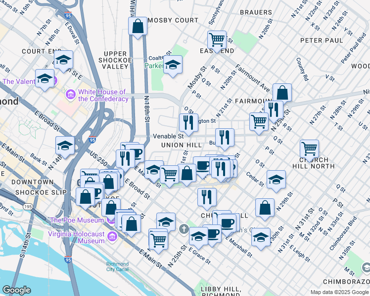 map of restaurants, bars, coffee shops, grocery stores, and more near 702 North 21st Street in Richmond