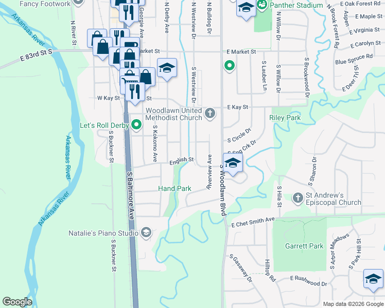 map of restaurants, bars, coffee shops, grocery stores, and more near 527 South Westview Drive in Derby