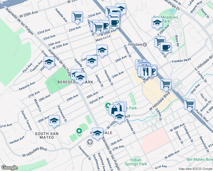 map of restaurants, bars, coffee shops, grocery stores, and more near 208 30th Avenue in San Mateo