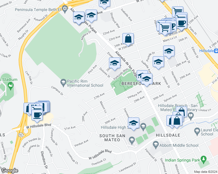 map of restaurants, bars, coffee shops, grocery stores, and more near 735 Sequoia Avenue in San Mateo