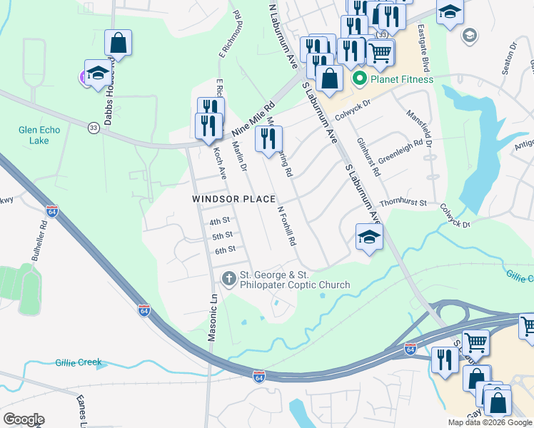 map of restaurants, bars, coffee shops, grocery stores, and more near 306 North Foxhill Road in Richmond