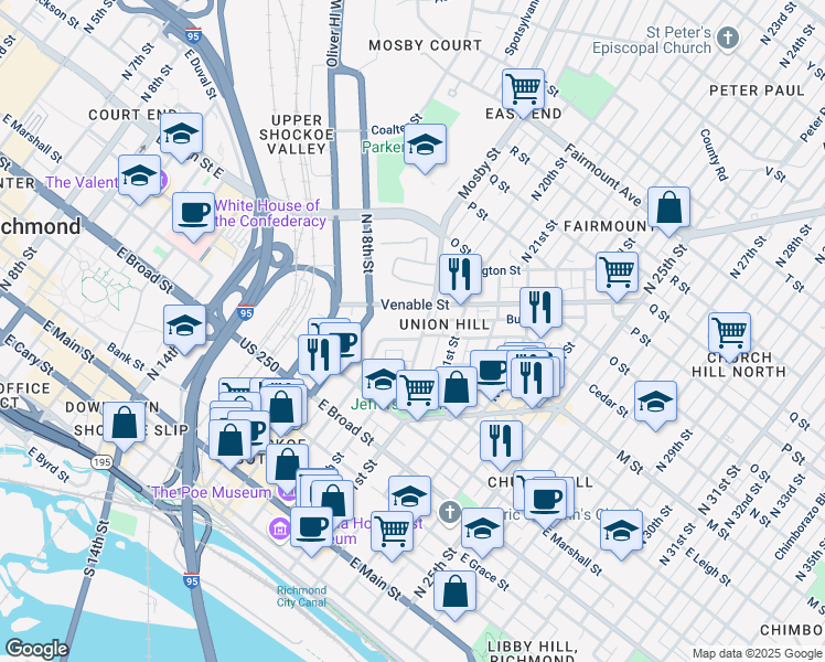 map of restaurants, bars, coffee shops, grocery stores, and more near 1904 Cedar Street in Richmond