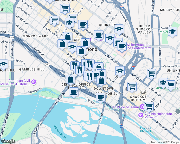map of restaurants, bars, coffee shops, grocery stores, and more near 919 East Main Street in Richmond