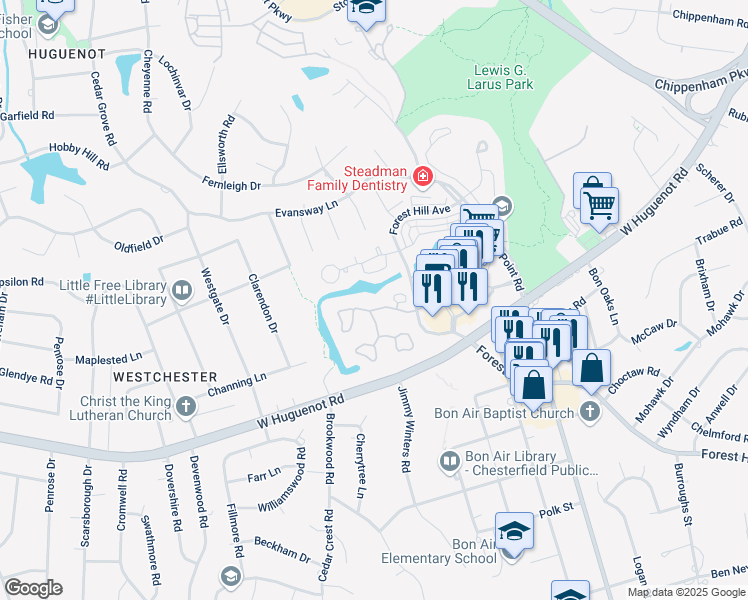 map of restaurants, bars, coffee shops, grocery stores, and more near 3018 Stony Lake Drive in Richmond