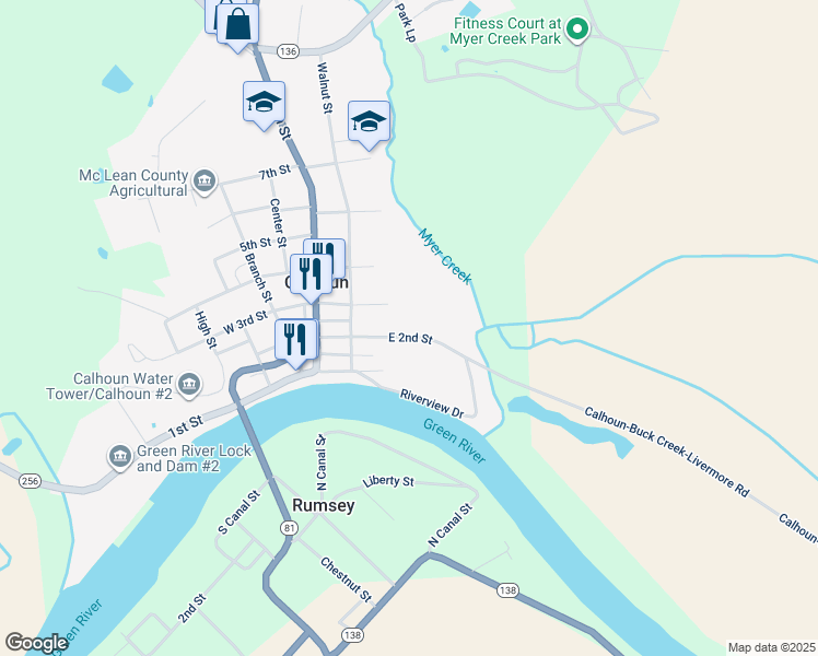 map of restaurants, bars, coffee shops, grocery stores, and more near 270-398 East 2nd Street in Calhoun