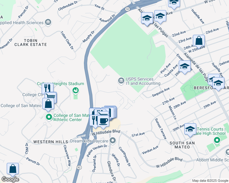 map of restaurants, bars, coffee shops, grocery stores, and more near 2800 Campus Drive in San Mateo
