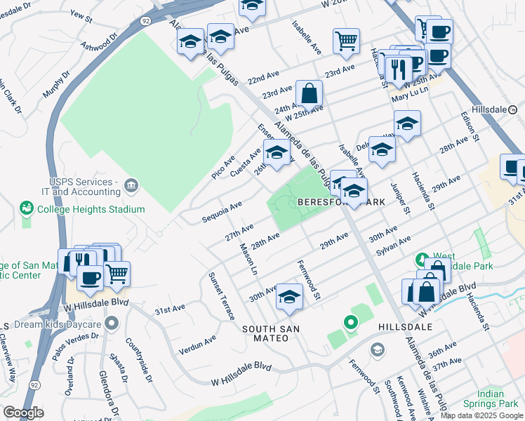 map of restaurants, bars, coffee shops, grocery stores, and more near 735 Sequoia Avenue in San Mateo