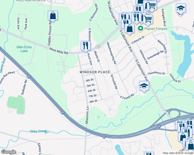 map of restaurants, bars, coffee shops, grocery stores, and more near 305 Koch Avenue in Richmond