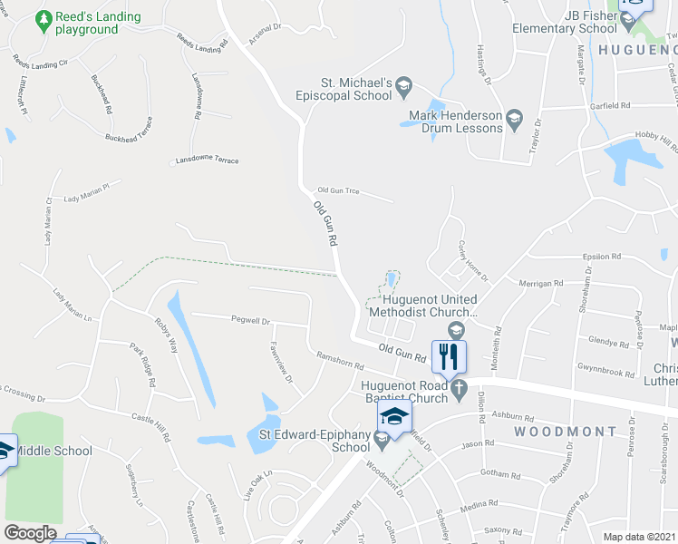 map of restaurants, bars, coffee shops, grocery stores, and more near 3273 Old Gun Road in Richmond