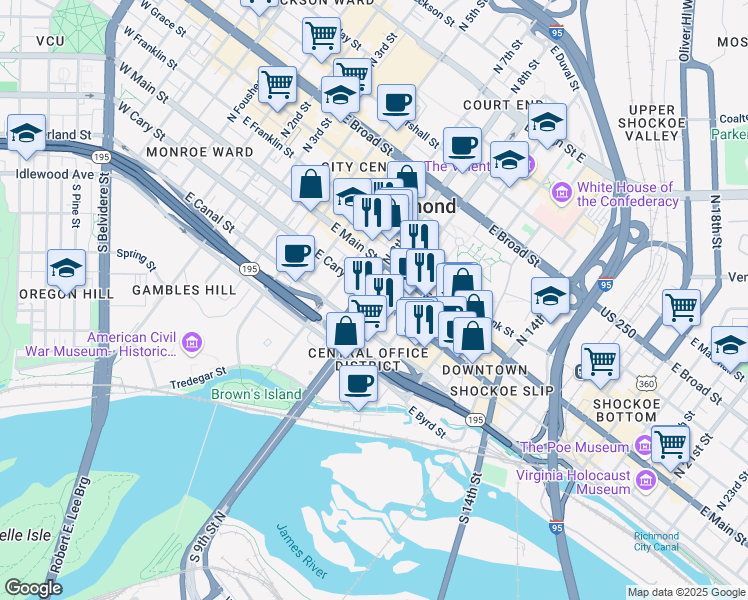 map of restaurants, bars, coffee shops, grocery stores, and more near 801 East Cary Street in Richmond