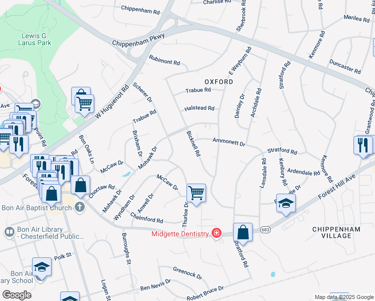 map of restaurants, bars, coffee shops, grocery stores, and more near 2854 Bicknell Road in Richmond
