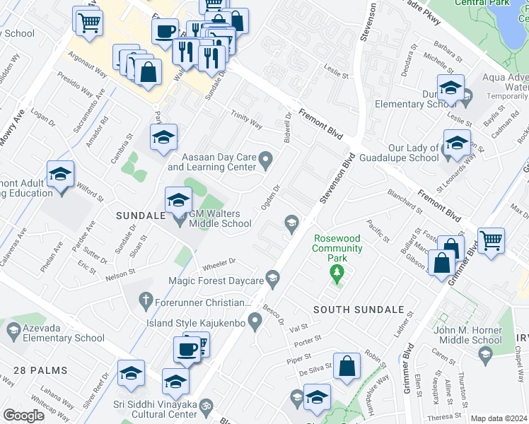 map of restaurants, bars, coffee shops, grocery stores, and more near 4348 Ogden Drive in Fremont