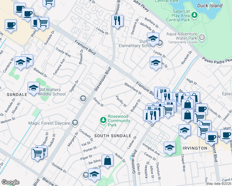 map of restaurants, bars, coffee shops, grocery stores, and more near 4151 Margery Drive in Fremont