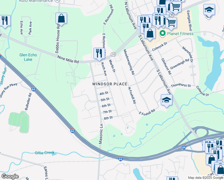 map of restaurants, bars, coffee shops, grocery stores, and more near 305 Koch Avenue in Richmond