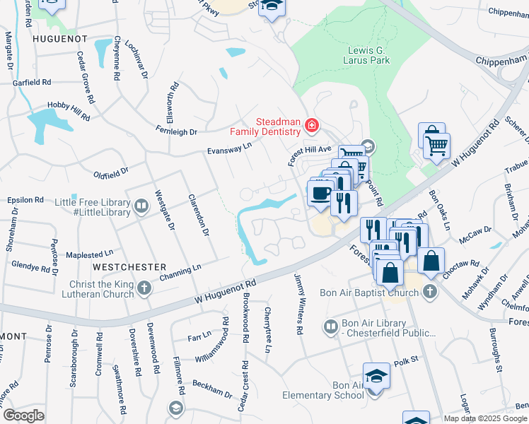map of restaurants, bars, coffee shops, grocery stores, and more near 3018 Stony Lake Drive in Richmond