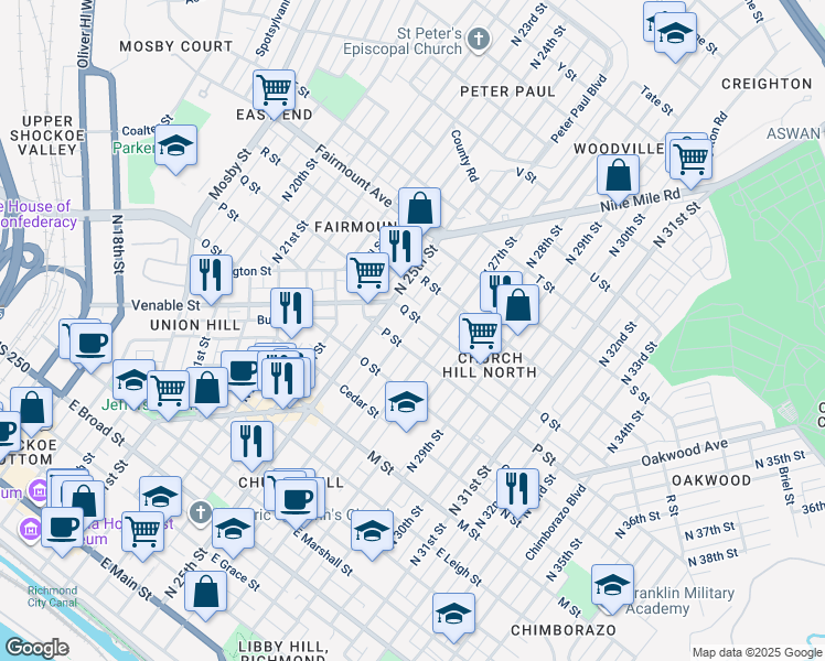 map of restaurants, bars, coffee shops, grocery stores, and more near 1017 North 26th Street in Richmond
