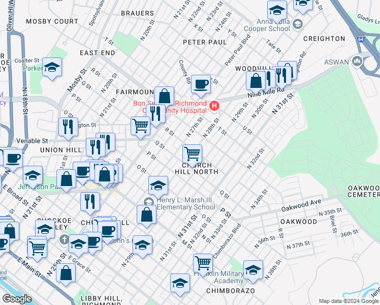 map of restaurants, bars, coffee shops, grocery stores, and more near 1126 North 28th Street in Richmond