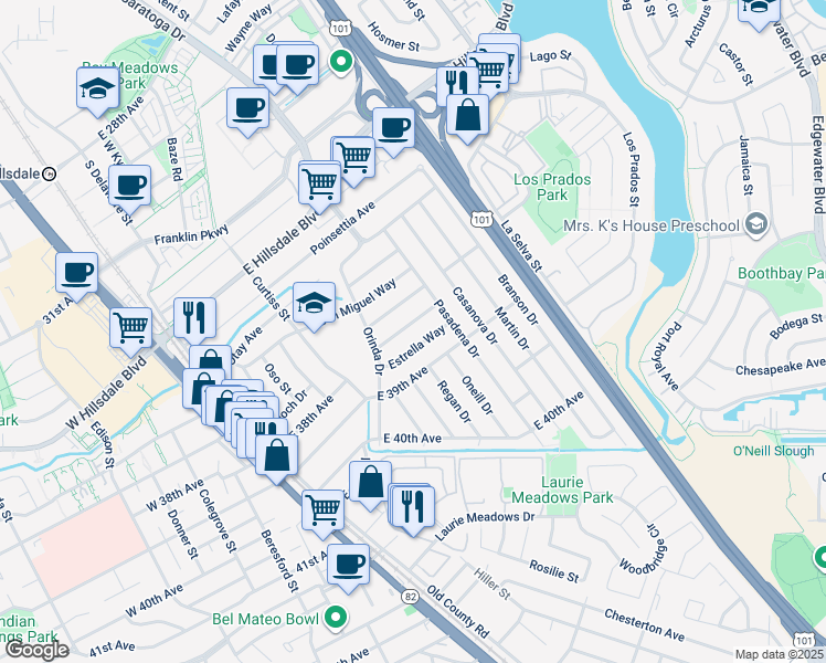 map of restaurants, bars, coffee shops, grocery stores, and more near 304 Del Rosa Way in San Mateo