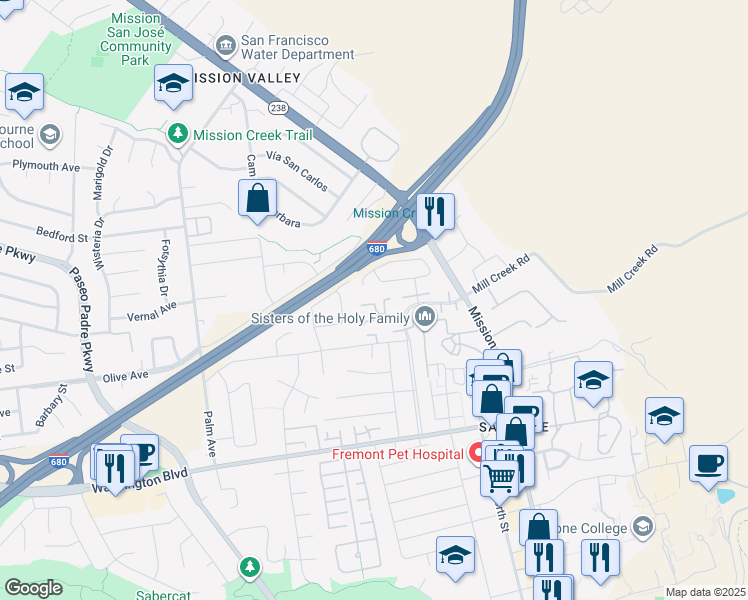 map of restaurants, bars, coffee shops, grocery stores, and more near 42874 Vía Navarra in Fremont