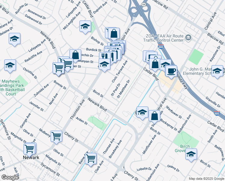 map of restaurants, bars, coffee shops, grocery stores, and more near 5889 Saint Paul Drive in Newark