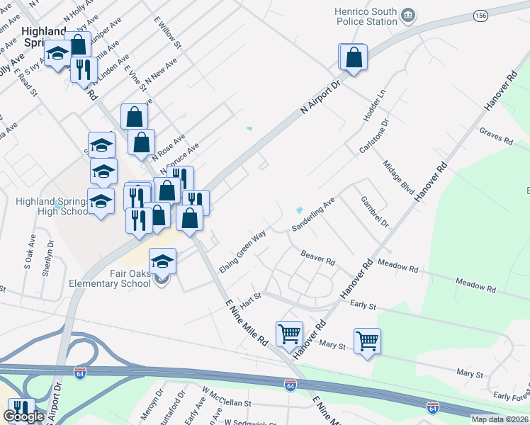 map of restaurants, bars, coffee shops, grocery stores, and more near 1700 Elsing Green Place in Highland Springs