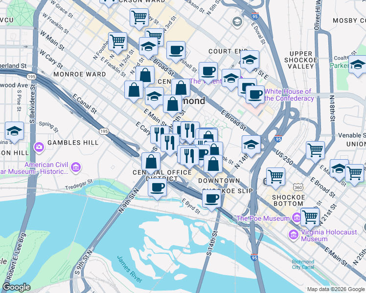 map of restaurants, bars, coffee shops, grocery stores, and more near 919 East Main Street in Richmond