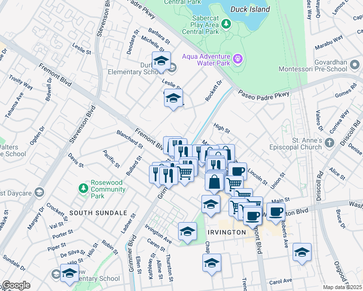 map of restaurants, bars, coffee shops, grocery stores, and more near 3878 Eugene Street in Fremont