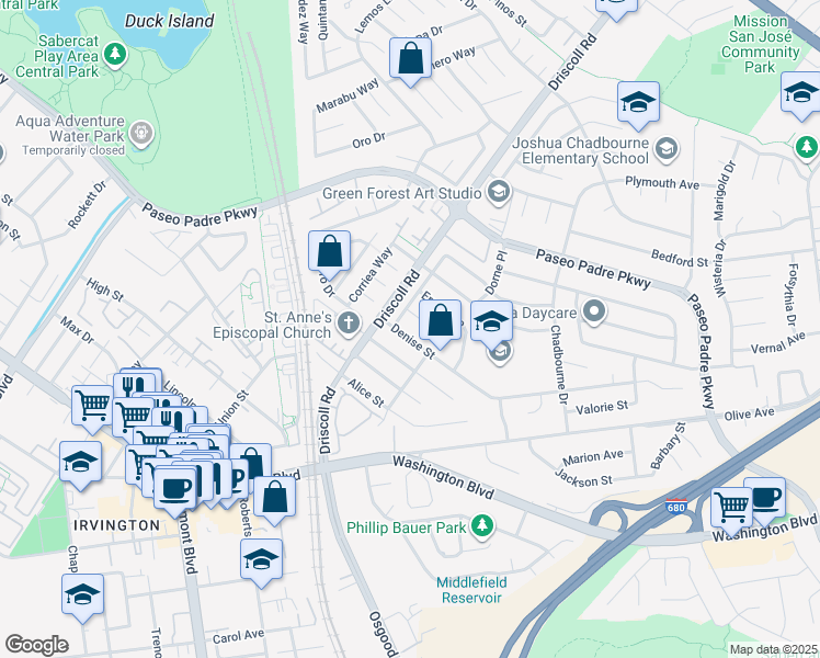 map of restaurants, bars, coffee shops, grocery stores, and more near 41234 Denise Street in Fremont