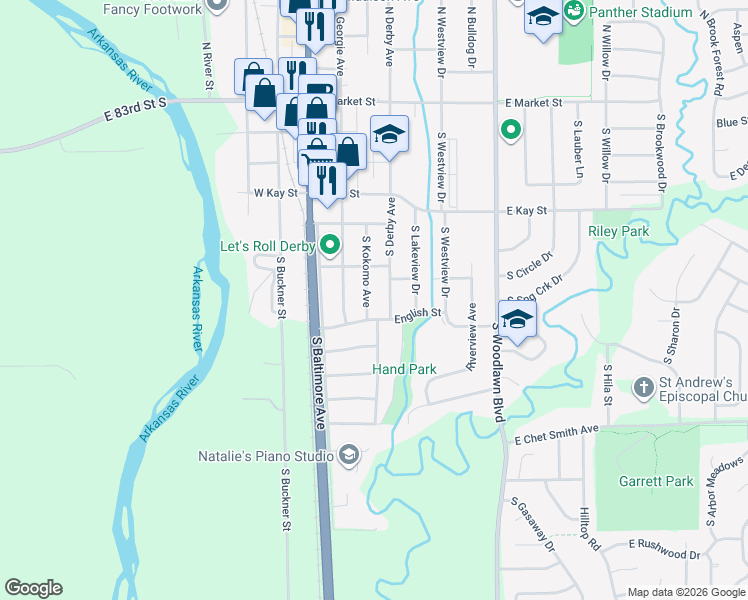 map of restaurants, bars, coffee shops, grocery stores, and more near 542 South Kokomo Avenue in Derby