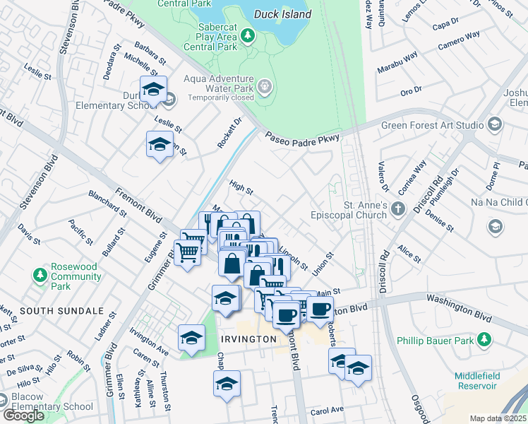 map of restaurants, bars, coffee shops, grocery stores, and more near 40777 High Street in Fremont