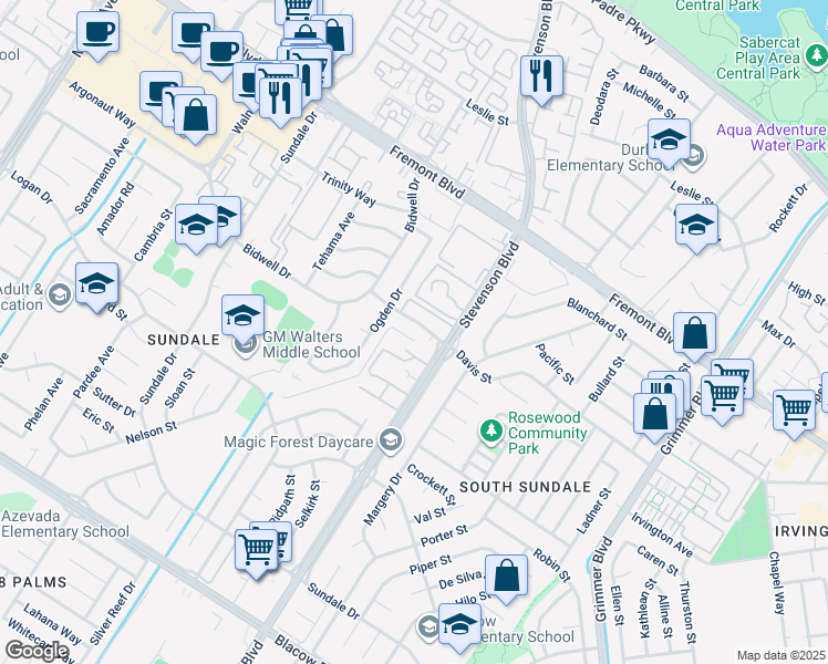 map of restaurants, bars, coffee shops, grocery stores, and more near 4303 Stevenson Boulevard in Fremont
