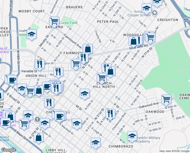 map of restaurants, bars, coffee shops, grocery stores, and more near 2620 Q Street in Richmond