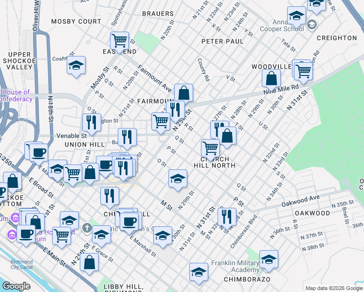 map of restaurants, bars, coffee shops, grocery stores, and more near 1004 1/2 North 26th Street in Richmond